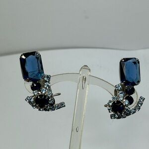 Vintage Statement Elegant Blue Gemstone clip Earrings